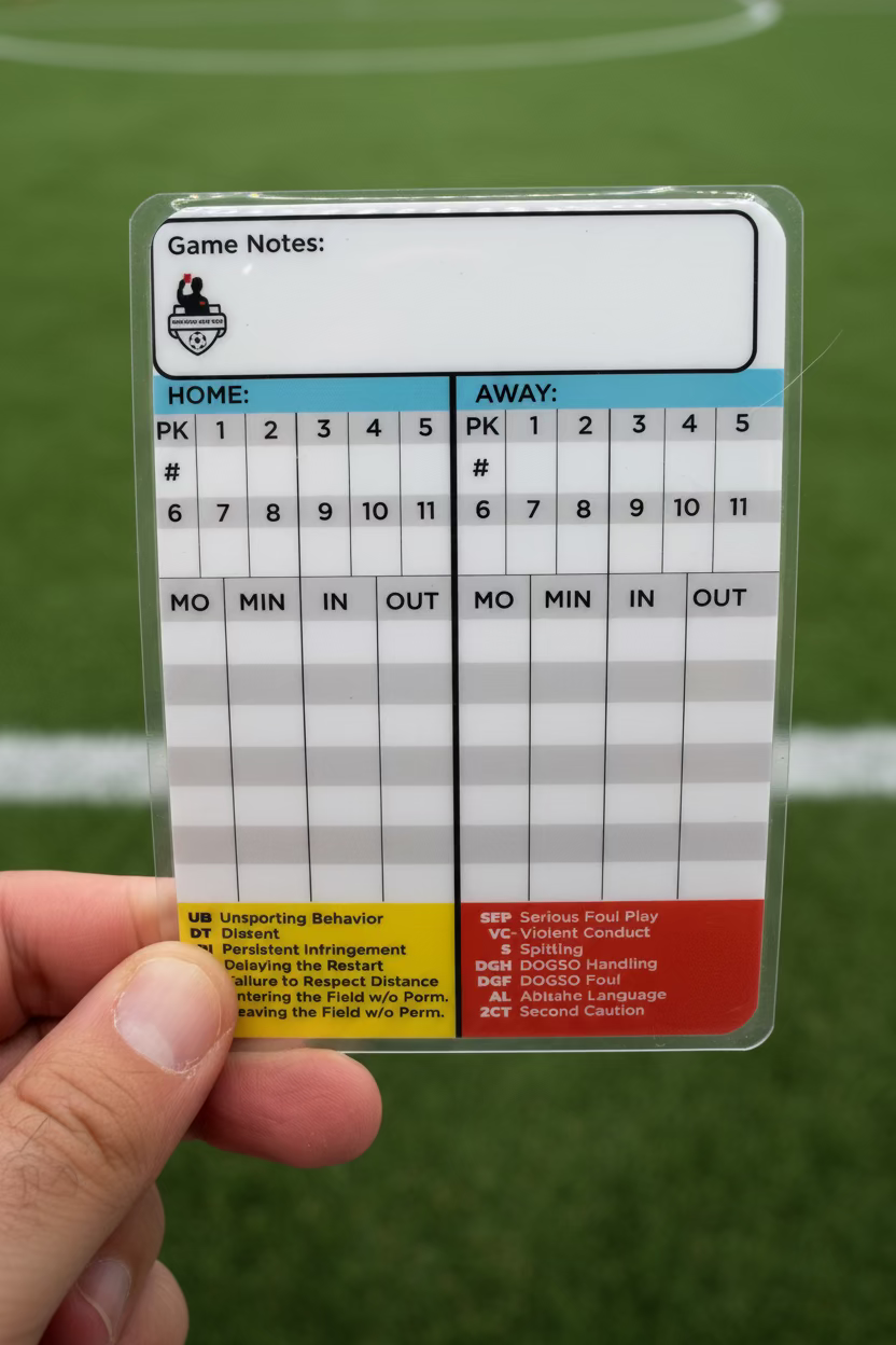 Hand holding a transparent card with scorekeeping grid for sports events on a white background